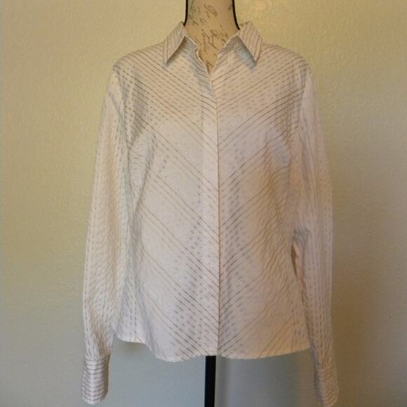 White Button Up Shirt Golden Stripes Women size 16 Stretch Classic Western Work - Picture 1 of 3